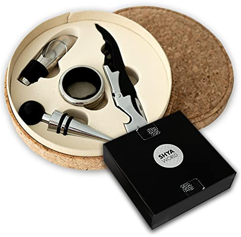 ShyaWorld Set de Vinos Accesorios para regalar. Estuche de Regalo elegante con acabado de Material Natural Eco. (Set Corcho)