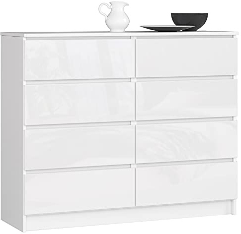 AKORD Kommode K-120 mit 8 (2 x 4) Schubladen | für das Wohnzimmer Schlafzimmer Schrank Büro Arbeitszimmer | Modernes Funktionales Design | B120 x H99 x T40 cm, Gewicht 65 kg | Weiß/Weiß Glänzend