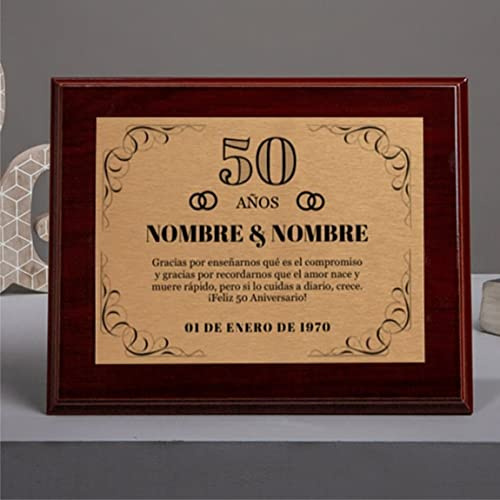 Placa conmemorativa para Aniversario, Bodas de Oro y Plata, Agradecimiento, Jubilación y Homenaje; grabada y personalizada con tu texto. Elige la plantilla que más te guste. Te regalamos el estuche.