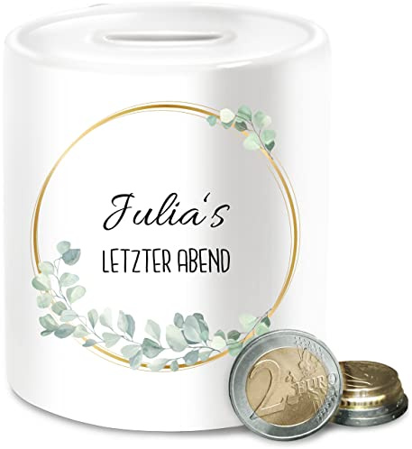 Spardose - Junggesellenabschied Sammelbüchse - Letzter Abend - grüner Eukalyptus Kranz mit Goldring und Name - Unisize - Weiß - JGA Kasse poltern polterer jungesellinenabschied