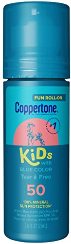 Coppertone Kids Roll On Sunscreen Lotion SPF 50, Tear Free Kids Sunscreen with Blue Color and Zinc Oxide Sun Protection, 2.5 Fl Oz Tube