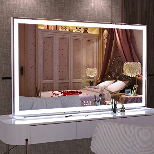 ANYHI Large Vanity Mirror with Light, Makeup Mirror with 10X Magnification | 102×62cm Hollywood Lighted Makeup Mirror, 3 Colors Dimmable Light, Aluminum Frame, Tabletop/Wall-Mount for Bedroom, White