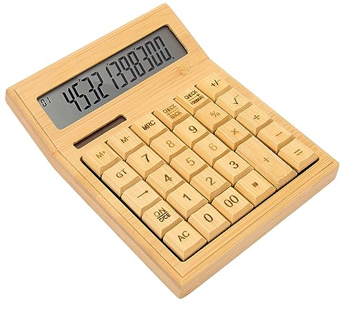 Bambus Tischrechner, Funktionsrechner mit 12 Bit Digital LCD Bildschirm, Solar und Batterie Dual Stromversorgung, für Büro, Zuhause, Schule