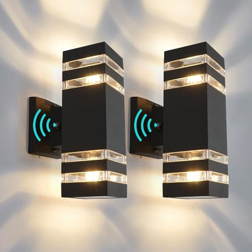 VONCI UP&DOWN E27 Aussenwandlampe mit Dämmerungsschalter Lichtsensor Schwarz Aluminium IP54 Wasserdichte Außen Wandleuchte mit Dämmerungssensor für Villa Haustür Garden Flur Treppe Terrasse (2 Pack)