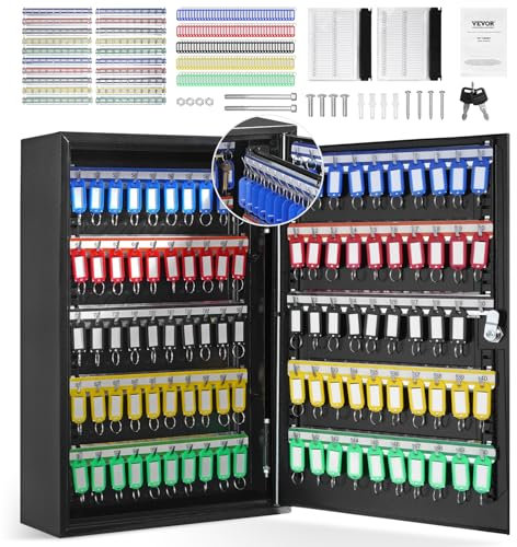 VEVOR Schlüsselschrank Schlüsselkasten 200 Schlüssel, Schwarz Schlüsselbox Schlüsseltresor Einstellbar, Abschließbarer Schlüsselschrank mit 20 Schlüsselhaltern, 2 Schlüsseln & 4 Karteikarten