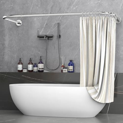 Misounda Duschvorhangstange U/L Form 75×(150-190)×75 cm - Duschstange für Duschvorhang Badewanne Ecke Schiene mit Stange 2 in 1 - Ohne Deckenhalterung - Inkl 24 Ringe aus Edelstahl - Feines Polieren