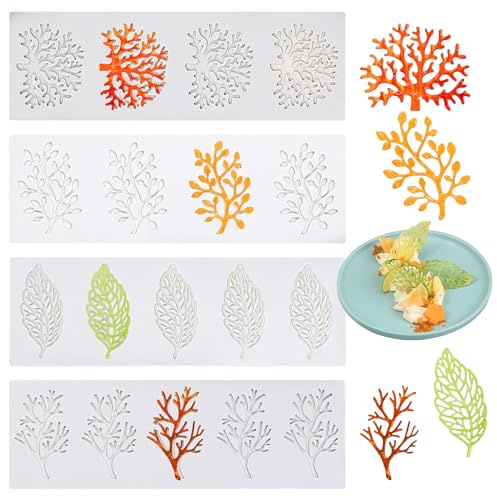 GROWTAIL 4 Pcs Silicone Baking Molds - 3D Leaf Tuile Lace Cake Decorating, Coral Branch Chocolate Mould