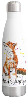 Vixar Fox Personalised Custom Bottle with your Text/name British wildlife animals Watercolour Animals Bottle Double Wall Insulated Stainless Steel Sport Drinks 500ml