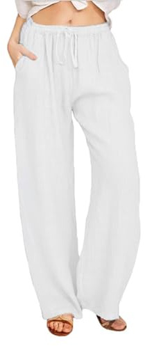 SHEKINI Pantaloni Donna Estivi con Tasche Casual Elegante Pantaloni Larghi in Cotone, Pants con Gamba Larga Vita Alta con Coulisse Morbido
