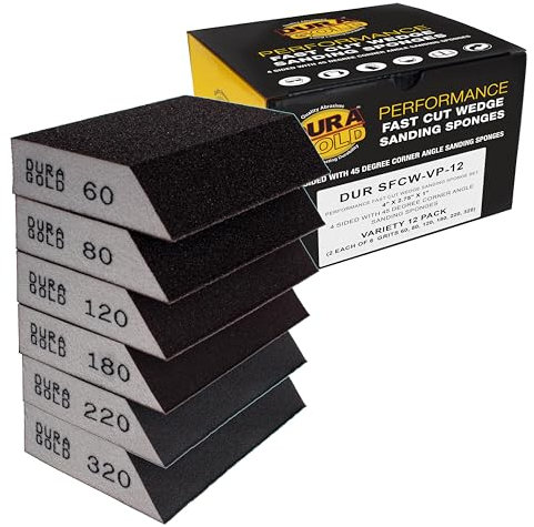 Dura-Gold 4-Sided Hand Sanding Block Sponges with Angled Edge, Variety Pack, Box of 12, Grits 60, 80, 120, 180, 220, 320-3.9 x 2.75 x 1 Wet or Dry Flexible Sandpaper Sand Wood Drywall Metal Paint