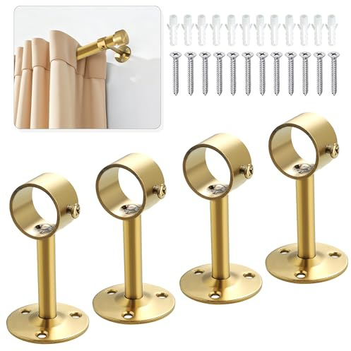 Alise Gardinenstangenhalter mit Einstellschraube, Schrankstangenhalter, Wandmontage, Edelstahl-Vorhangstange, Flanschhalterungen, gebogene Duschvorhangstange für Badezimmer, goldfarben, 4 Stück