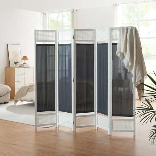[en.casa] rumsavdelare Dorotea paravent insynsskydd 5-delad rumsavskiljare, vikbar, spansk vägg, 200 x 170 cm, skiljeväggspaneler i rottinglook, ram av bambu, fristående vit/mörkgrå
