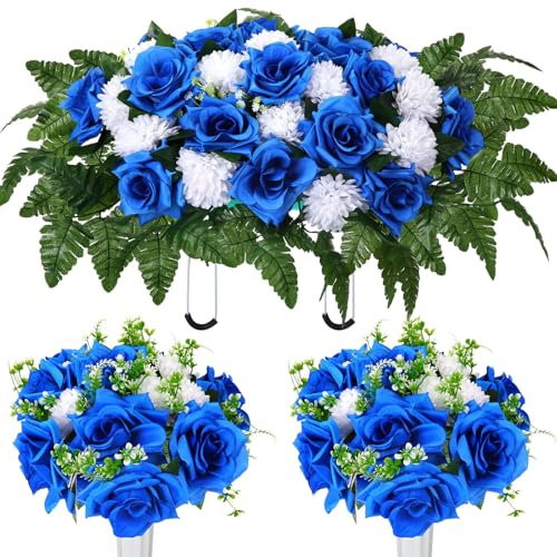 Tigeen 3 Pcs Artificial Cemetery Flowers for Grave Memorial Flowers Funeral Headstone Saddle Rose and White Chrysanthemum Bouquets with Vase for Mother's Day Outdoor Grave Decoration(Blue)