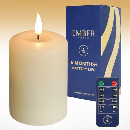 Ember Candles™ - 10cm Flameless LED Candle - Up to 6 Months Battery Life - Ivory Real Wax Pillar Candle - Battery Operated Candle, Remote & Timer Compatible - Realistic Flickering Flame