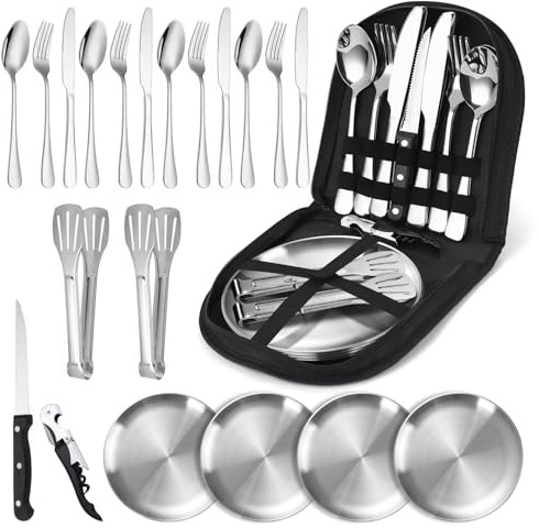 Juego de cubiertos de camping para 4 personas, 21 piezas Vajilla Camping,Acero Inoxidable Juego de Cubiertos de Viaje Portátil para Camping,Picnic,Viajes y BBQ-Negro