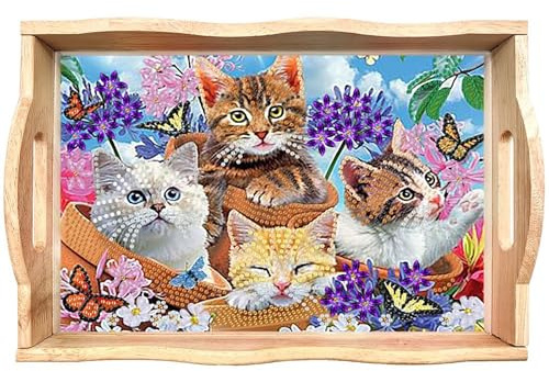 DIY Diamond Art Painting Wooden Tray Kit, Food Trays with Handle Diamond Painted Table Decoration Tray, for Breakfast Bar Dinner Table Gem Painting Art Set for Beginner-Cat