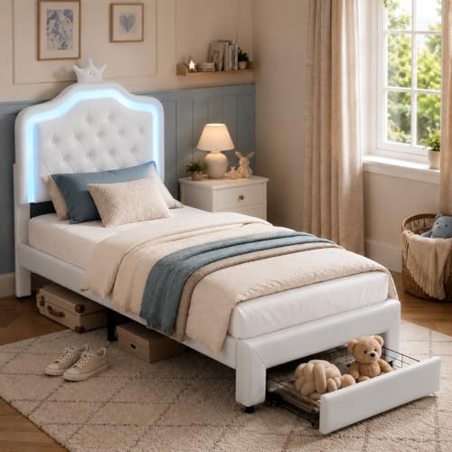 KSFASHZ letto singolo 90 x 200 Letto imbottito per bambini ragazze,letti imbottiti PU con Cassetti e LED, struttura letto con rete a doghe e testiera regolabile