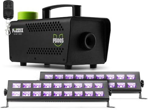 BeamZ - Schwarzlicht Party Set – 2x UV Strahler mit 54 Watt LED Schwarzlichtlampe & 500W Nebelmaschine Mini 250ml Volumen – Perfekt für UV Licht Partys & DJ Zubehör