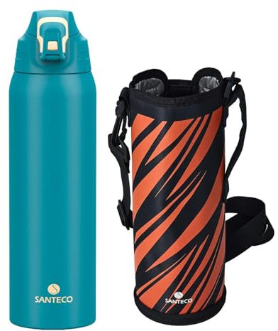 SANTECO Trinkflasche mit Leckage-Sicherheitssperre, Thermosflasche Edelstahl 1,5l BPA-Frei, Isolierflasche mit Tragebeutel, Wasserflasche Spülmaschinenfest für Reisen Camping Blau