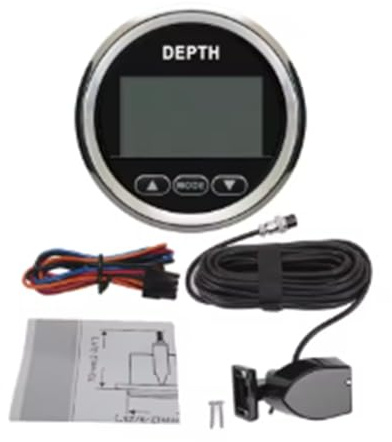Huudngeje Premium Digital Depth Gauge 52mm Marine Indicator with Transducer and White Backlight Suitable for Yachts and Fishing Boats 12V Universal BS