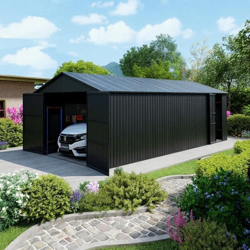 Domi 12'x25' Outdoor Metal Garage Shed, Weatherproof Enclosed Carport with Sidewalls & 2 Lockable Doors, Extra Large Backyard Storage Shed for Car, Truck,Lawn Mower, 80MPH Wind Resistance, Dark Grey