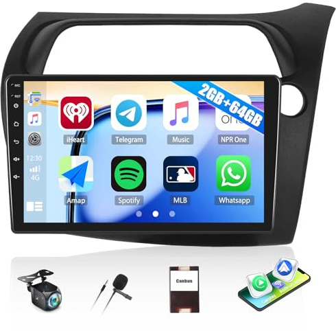 2G+64G Android Car Stereo for Honda Civic Hatchback 2006-2011 with Wireless CarPlay Android Auto 9 Touch Screen Car Radio Bluetooth FM GPS SWC WiFi RDS FM HD Backup Camera + Canbus (High & Low-End)