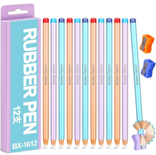 12 Stück Radiergummi Stift Grip, Eraser Pencil Präzise und saubere Radierung, Precision Radierstift mit Spitzer für Kinder und Schule, Profis und Hobbykünstler, inklusive Spitzer * 3