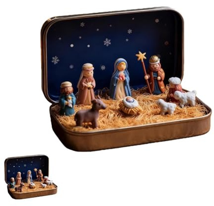 Mini crèche de Noël dans Une boîte en Fer Blanc, Ensemble de décoration de crèche Portable, Mini Figurines 3D en résine Sainte Famille et Enfant Jésus, pour la décoration intérieure Religieuse