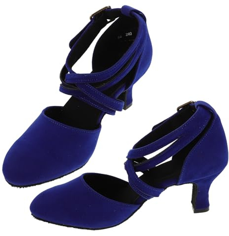 TOPBATHY Scarpe da Ballo Latino da Donna Tacchi Medio Suola Morbida Traspirante in Pelle Scarpe da Ballo da Sala per Spettacoli e Pratica Cinturini Incrociati Blu Velluto Taglia 38
