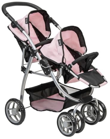 Silver Cross Twin Wave Dolls Stroller, Pink and Black Double Pushchair with Silver Frame, Age 3+, 67L x 46W x 73H cm