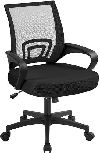 Yaheetech Bürostuhl Ergonomisch, Schreibtischstuhl mit Netzbespannung und Armlehnen, Drehstuhl aus Mesh, Chefsessel Wippfunktion, Höhenverstellbar Rückenschonend bis 136kg Belastbar, Schwarz