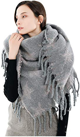 UK_Stone XXL Schal Damen Übergroßer Halstuch Stern Muster Damenschal Warm Winterschal mit Quaste aus Imitat-Pashmina für Xmas, Grau