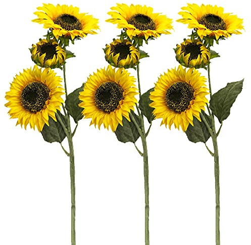 Aisamco 3 Künstliche Sonnenblumen, Gefälschte Blumen Tischdeko mit 3 Blüten und Langen Stiel bringt Leuchtend gelbe Farbtupfer in Jede Wohnung Kunst Blume Kunstpflanze für Hochzeit Party Deko
