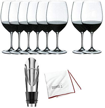 Riedel VINUM Bordeaux/Merlot/Cabernet Wine Glasses (8-Pack) Bundle with Wine Pourer with Stopper and Polishing Cloth (3 Items)