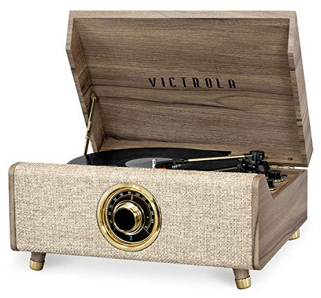 Victrola Highland 4-in-1 Bluetooth Record Player with Speakers – 3-Speed Vinyl Record Player, FM Radio & 3.5mm Aux, Wireless Music Streaming (Farmhouse Walnut)