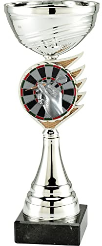 Silberner Dart-Pokal mit Gravur, 26 cm, Metall, Dartpfeil-Emblem | Geschenk-Trophäe mit Marmorsockel, personalisiertes Geschenk, Wanderpokal Dart-Zubehör