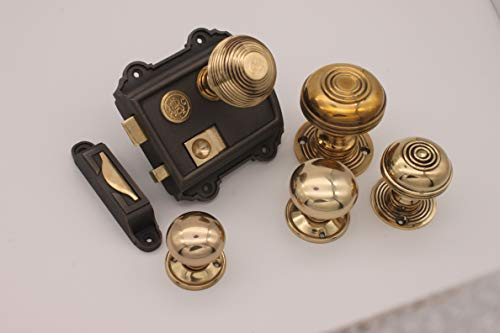 Infinity Decor Victorian Cast Iron Rim Latch Bath Bedroom Lock Door Knob Handle Sets - Brass (Rim Lock + Beehive Door Knob)