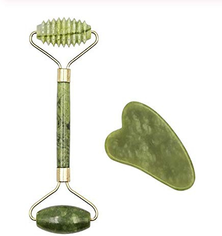 2 Stück Set Jade Gesicht Roller Gua Sha Jade Massage Roller Massage Jade Scraping Board Xiuyan Jade Beauty Set