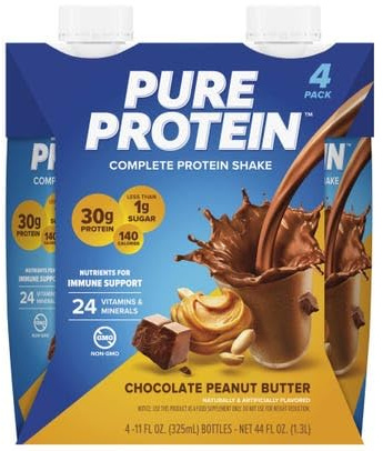 Puro Proteico Frullato, Bevanda Proteica a Basso Contenuto di Zuccheri con Vitamine e Minerali, Senza Glutine, Cioccolato e Burro d’Arachidi, Confezione da 4 (325 ml)