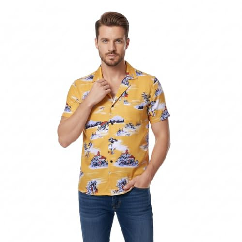 AYYOHON Cliff Booth T-shirt, camicia hawaiana da uomo, a manica corta, top casual, Giallo, M