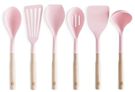 GreenLife Utensili da cucina in nylon e legno rosa, set da 7 pezzi