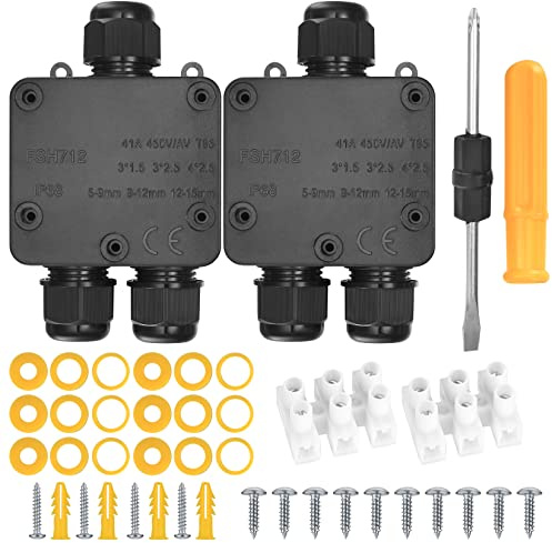 Junction Box Waterproof IP68, 3-Way Cable Connector Junction Box, Black Electric Outdoor Junction Box for Cable Gland with Diameter 5 mm - 15 mm