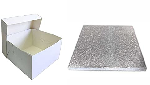 LARRYROO Single White Cake Box and Silver Square Board Pack - Thick Drum for Wedding, Party etc (10 Inches)