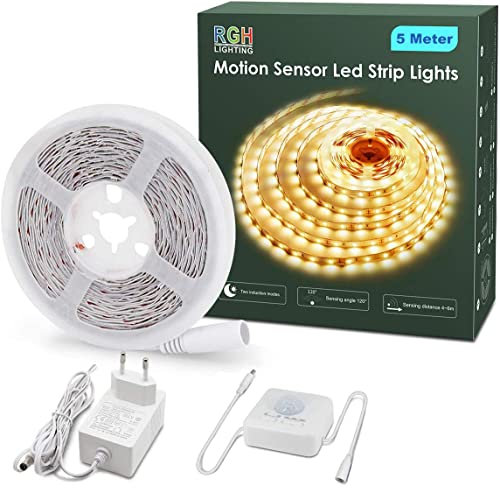 RGH LED Strip mit Bewegungsmelder, 5M Warmweiß Led Streifen Selbstklebend mit Timing-Funktion Für Schrank,Küche,Wohnzimmer,Schlafzimmer,Treppe, 3000K