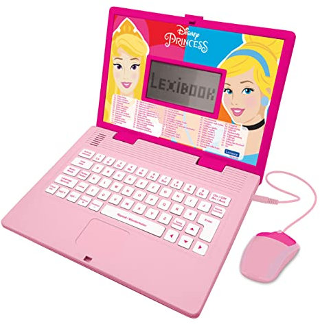 LEXIBOOK JC598DPi3 Ordenador Portátil Educativo Bilingüe Alemán/Inglés-Niñas Juguete con 124 Actividades para Aprendizaje, Jugar Juegos y Música con Las Princesas Disney, Rosa