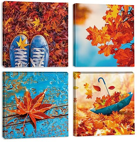 Ohok Premium Leinwandbilder Kunstdruck Bilder 30x30cm, Leinwanddruck Bilder 4er-Set Wandkunst Dekor Bild mit Holzrahmen Wandbilder für Schlafzimmer Büro Home Dekorationen (Ahornblätter A)