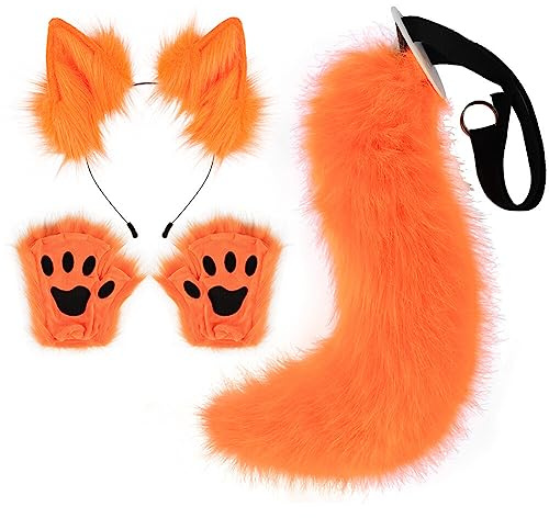 Kunstfell Katzenohren Stirnband Flauschiger Wolf Fuchsschwanz Krallenhandschuhe Cosplay Kostüm Set Tierkostüm pelziger Schwanz und Pfoten Damen Kostüm für Halloween Karneval Rollenspiele Bühnenshow