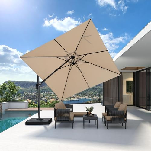 PURPLE LEAF 3 X 3 M Garden Cantilever Swivel Parasol, Large Square Patio Umbrella with Crank Handle and Tilt for Balcony and Outdoor, Beige