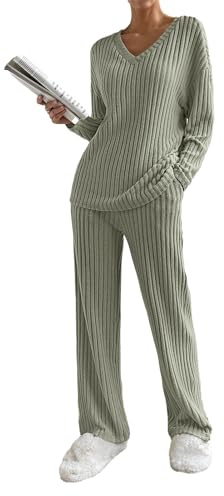 SotRong Ribbed Knitted Lounge Wear Sets for Women Uk Ladies Leisure Suits Two Piece Outfit Tracksuit Set Long Sleeves V Neck Baggy Pullover Tops Wide Leg Long Pants Army Green M