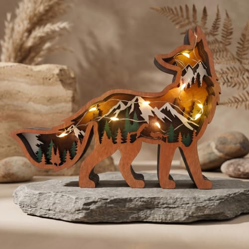 Drawelry 3D Holz Fuchs Statue Ornamente Waldtiere Holzschnitzerei Bär Wolf Elefant Elch Skulptur Tier Kunsthandwerk Dekoration für Heim Büro Schlafzimmer Wand Tisch Weihnachten Deko (Fuchs)